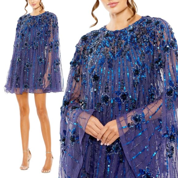 Mac Duggal 5917 Size 10 Blue High Neck Floral Embellished Trapeze Cape Dress - Picture 1 of 4